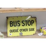 Vintage Enamel Sign ' Bus Stop Queue Other Side '