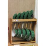 Le Creuset Set of Five Green Graduating Copper Saucepans with Lids (sizes 22, 20, 18, 16 & 14) on