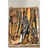 A box of vintage work tools to include Victorian examples