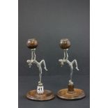 Pair of Art Deco Style Oak and White Metal Candlesticks, the stems in the form of a Naked Women