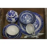 Box containing various blue & white china plus Pair of vintage hand painted twin handled Carltonware