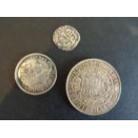 Three silver coins to include; 1900 Half Crown, 1820 Shilling plus a hammered penny