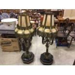 Pair of ornate vintage brass & glass lamps