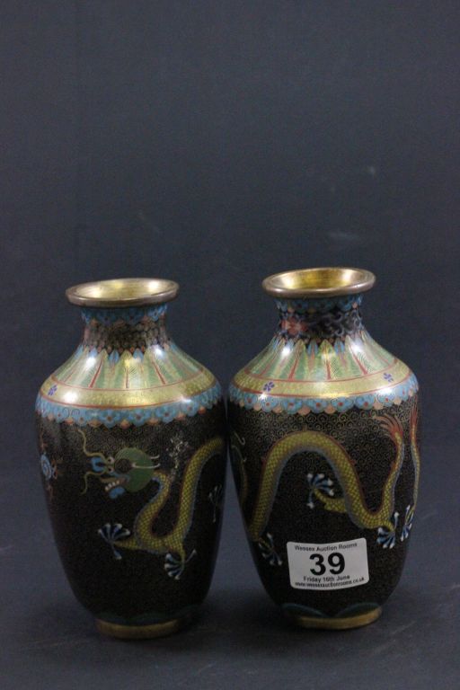 Pair of Chinese Cloisonne vases with dragon decoration