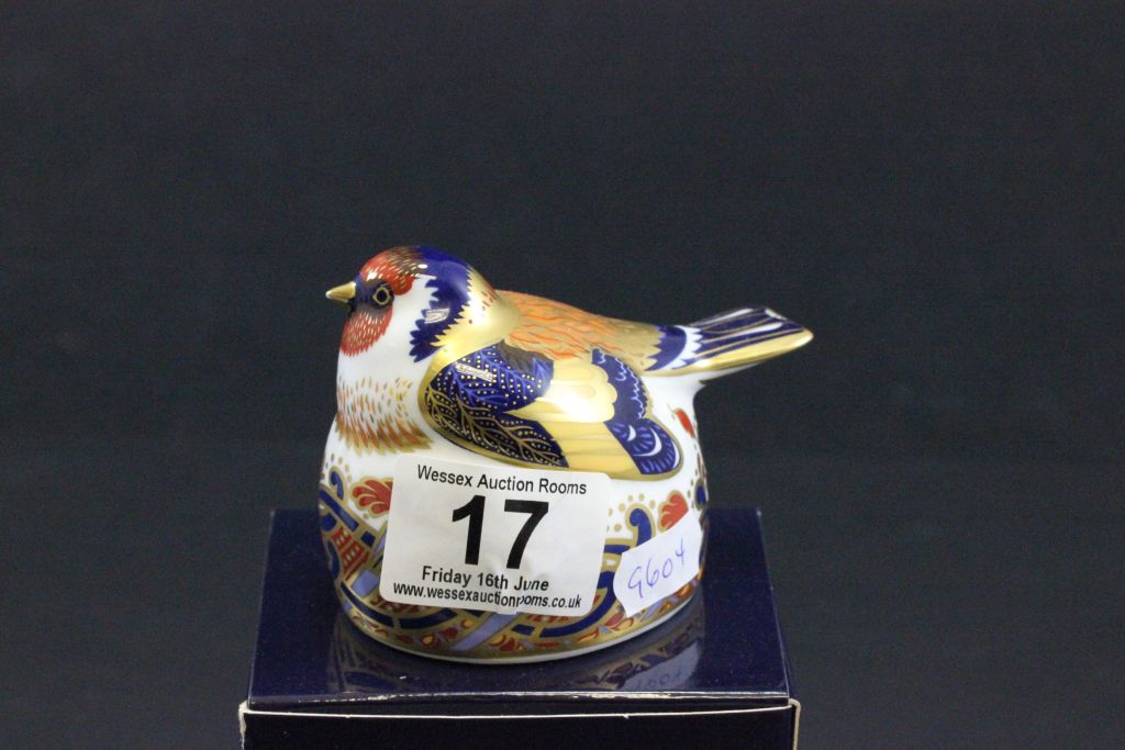 Royal Crown Derby boxed Goldfinch Nesting paperweight with silver stopper