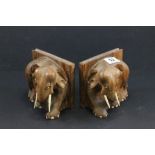 Pair of Hardwood Carved Elephant Bookends with bone tusks, eyes and feet