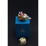 Royal Crown Derby Bumblebee boxed paperweight with gold stopper and a Chaffinch with silver stopper