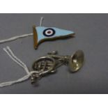 Silver French horn pendant plus an enamel pennant badge