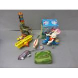 Six tin plate & plastic toys to include Japanese mouse, boxed MGH wind up bunny, tank etc