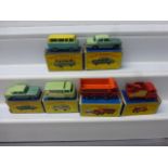 Six boxed Matchbox Lesney 75 Series diecast model vehicles to include 13 Wreck Truck, 17 8-Wheel