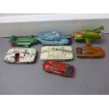 Seven Dinky diecast vehicles 351 SHADO UFO Interceptor, Spectrum Pursuit Vehicle, Thunderbird 2, 105