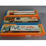 Three boxed 1:50 Tekno haulage trucks to include Van Rijn, Farm Frites and Royal Greenland (cab