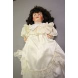 Limoges bisque headed composition doll brown sleeping eyes, teeth & pierced ears, marked Fabrication