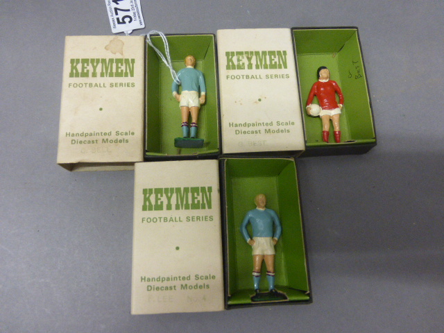 Three boxed Keymen football diecast figures to include George Best Manchester United and Franny