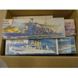 17 Vintage built plastic model kits mainly Airfix to include ships, boxes present with each model