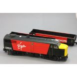 O gauge electric Virgin locomotive and two trailers, engine unmarked and trailers marked Aristo