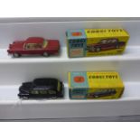 Two boxed Corgi diecast vehicles featuring 418 Austin Taxi and 230 Mercedes Benz 220 SE Coupe both