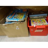 Two boxes of vintage jigsaw puzzles mainly by Victory to include many wooden ones