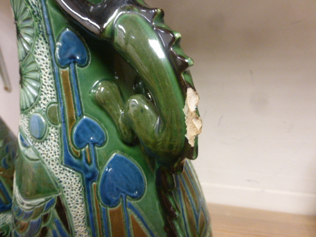 Pair of Brannam Barum vases RD 44561 with Fish design and Dragon handles - Image 4 of 8