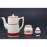 Collection of Kleen Kitchen Ware ceramics in red & white pattern to include; toast rack, teapot,