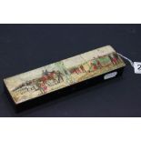 19C Lacquered pen box with alpine troops scene showing early field telephone
