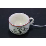 Fielding Novelty Miniature Chamber Pot marked ' Flip your Ashes on Old Nasty, The Violation of