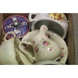 Two boxes of mixed ceramics to include chamber pots, jug and bowl set etc