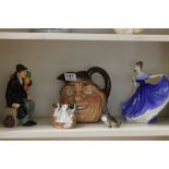 Five items of Royal Doulton ceramics to include; The Balloon Man HN1954, John Barleycorn jug, Elaine