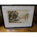 A hand painted ink and watercolour engraving after Henry G Walker of a river scene signed in pencil