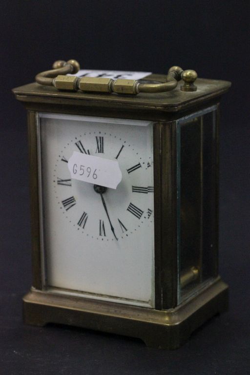 Vintage brass cased carriage clock, with enamel dial and key