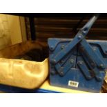 Oil barrel drum pump, Blue metal tool box with contents to include spanners, towing hitches etc plus