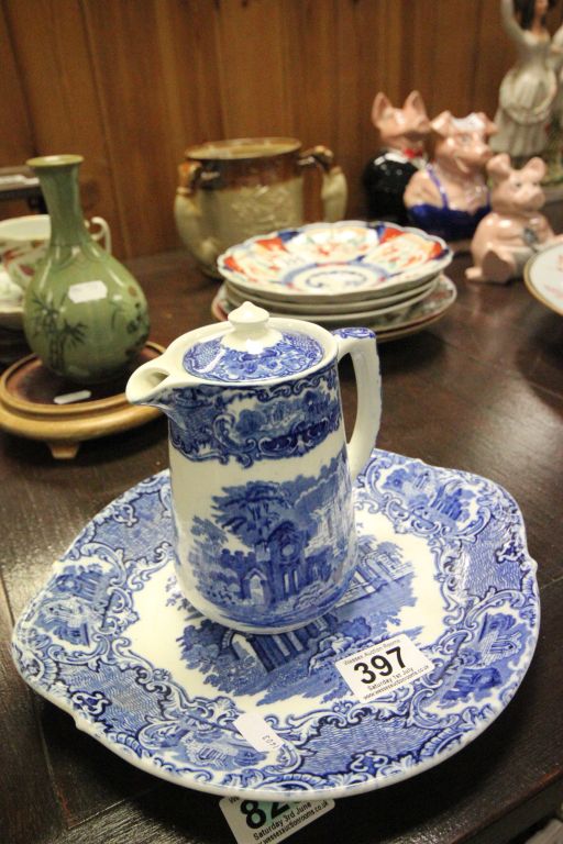 George Jones blue & white ceramic lidded water jug and a dish