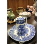 George Jones blue & white ceramic lidded water jug and a dish