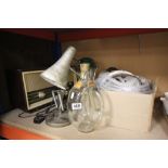 Mixed collection of items to include; storm lantern, desk lamp, oil lamp etc