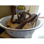Large enamel bowl with blow torches, wooden mallets, planes etc