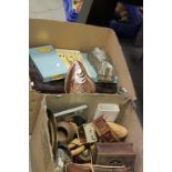 Two boxes of mixed collectables to include shoe lasts, treen, ceramics, cutlery etc