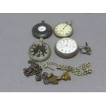 Four vintage pocket watches to include silver, 2 pocket watch chains with fobs & a watch key