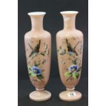 Pair of hand painted Opaline vases with bird decoration