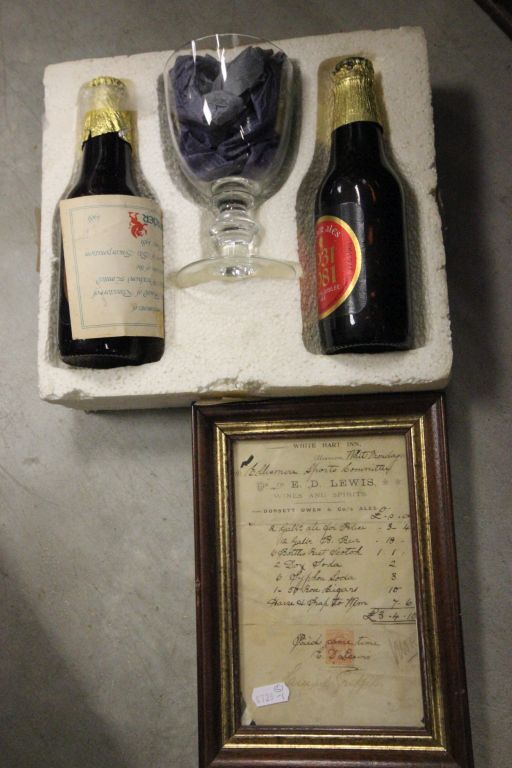 Framed Brewery receipt plus two unopened bottles of Commemorative ale with glass