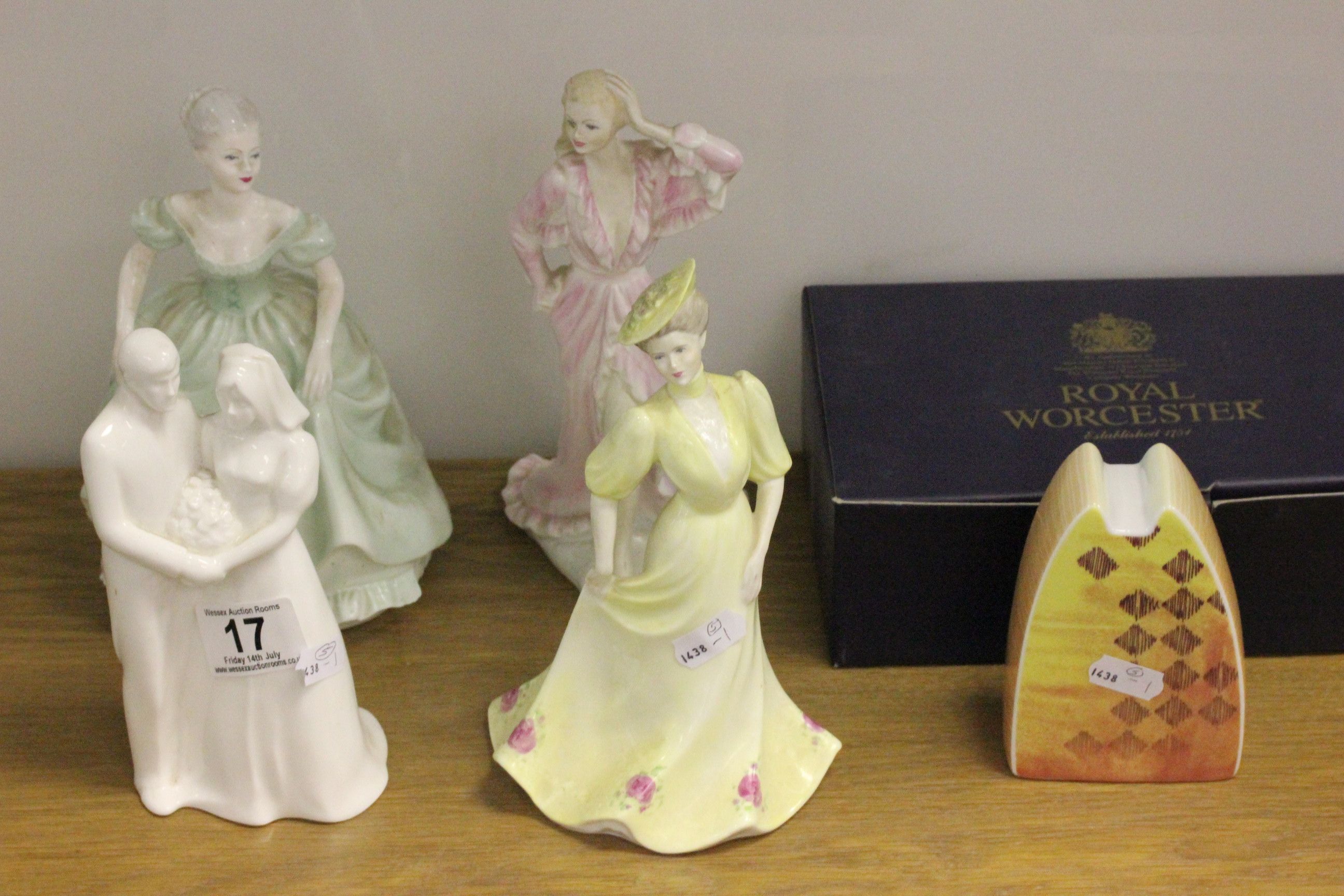 Boxed Royal Worcester Flat Mates Chester model plus four other figurines to include; Coalport Ladies