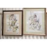 Two Gordon King framed romantic print portrait of young ladies in flower gardens