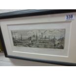 Ebonised framed numbered & signed etching of a riverside medieval city monogramed