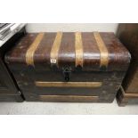 Large vintage metal & wooden bound trunk with ornate decoration 36 x 21" approx