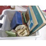 Plastic container with stock books ans albums plus FDC's and misc