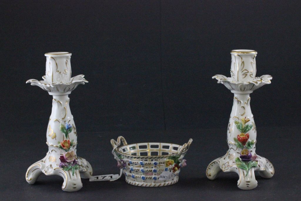 Pair of Dresden candlesticks and a Dresden basket style dish