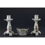 Pair of Dresden candlesticks and a Dresden basket style dish