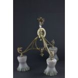 Early 20th century Brass Three Branch Central Light Fitting with three Green Tinted Glass Shades