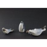 Three Royal Copenhagen Models of Seagull with fish 1128, Seagull 430 and Penguin 3005