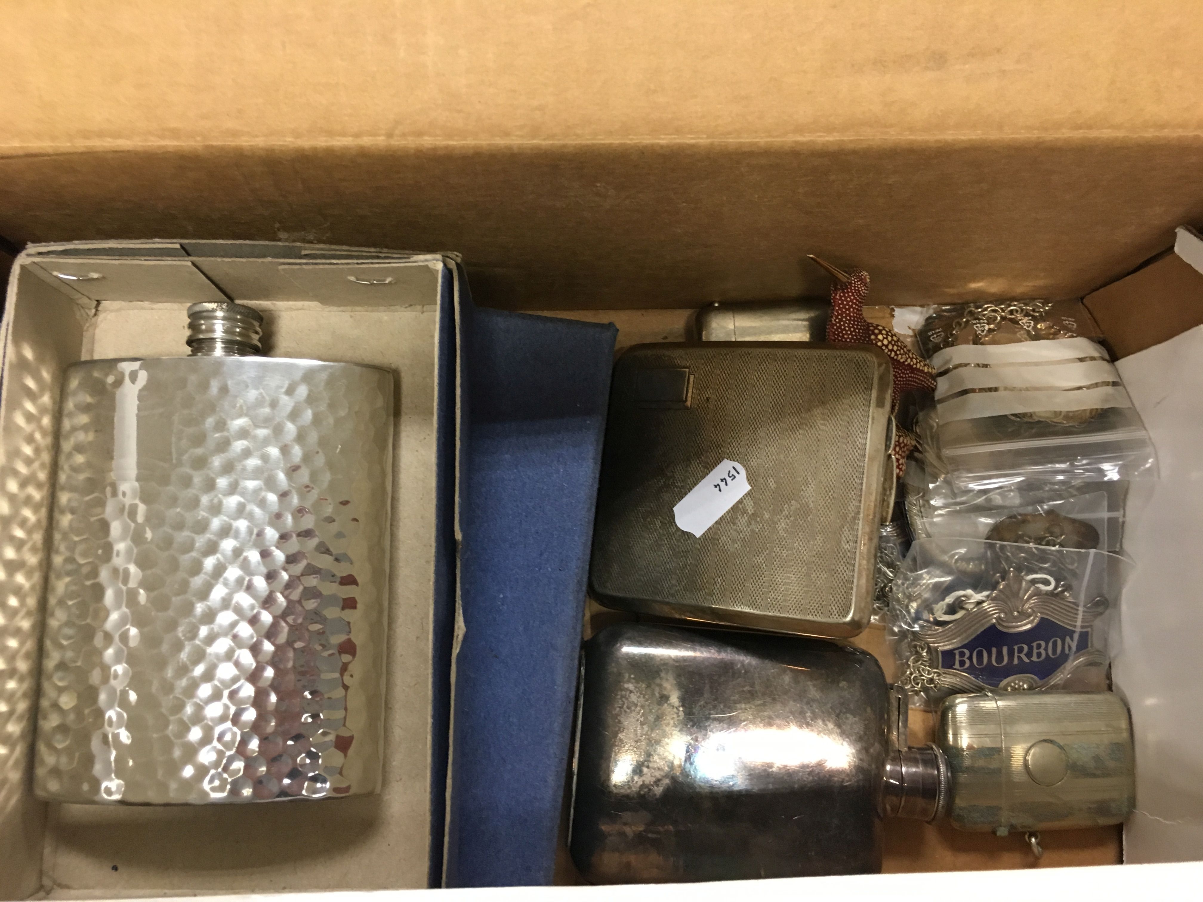 Three Hip Flasks, Cigarette Case, Two Vesta Cases, Bottle Cork and Nine Decanter Labels