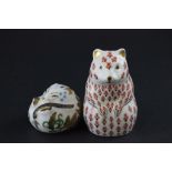 Two Royal Crown Derby Paperweights, Door Mouse with Silver Stopper and Hamster with silver
